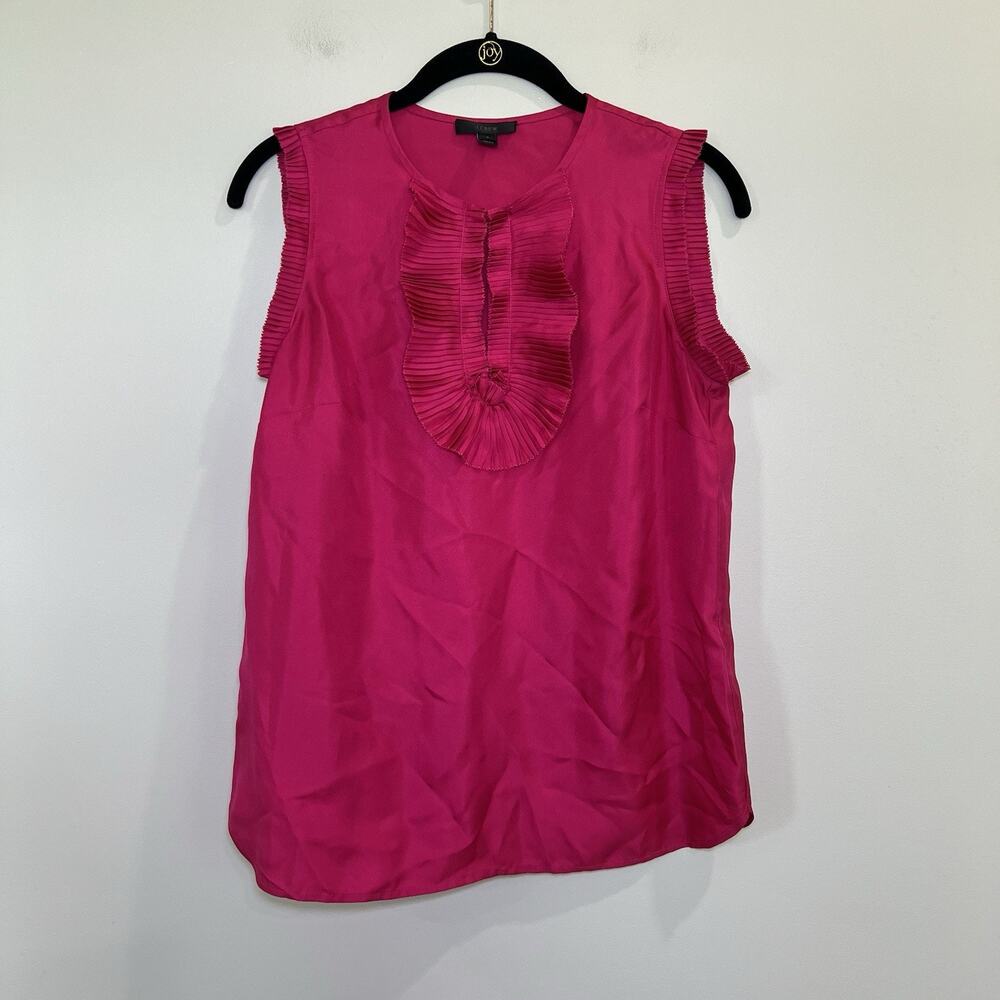 J. Crew Hot Pink Silk Top For Women Size 0 Sleeveless Ruffle Neck‎